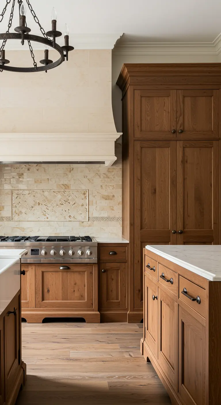 Kitchen with warm oak cabinets and a travertine tile backsplash and range hood.