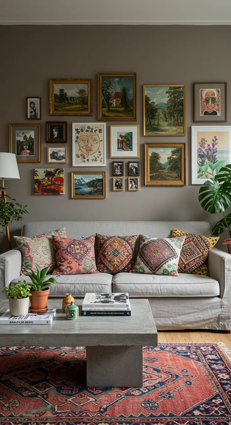 Eclectic living room with a gallery wall, colorful pillows, and a patterned rug.