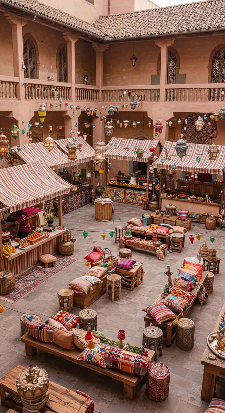 An elaborate Moroccan market party scene in a courtyard with stalls and floor seating.