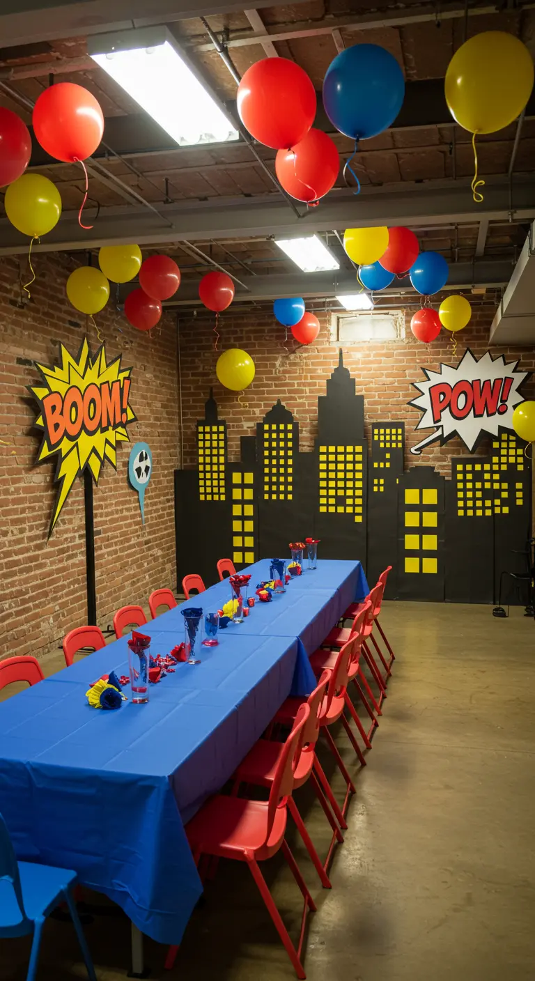 Comic book party room with a city backdrop and primary color balloons.