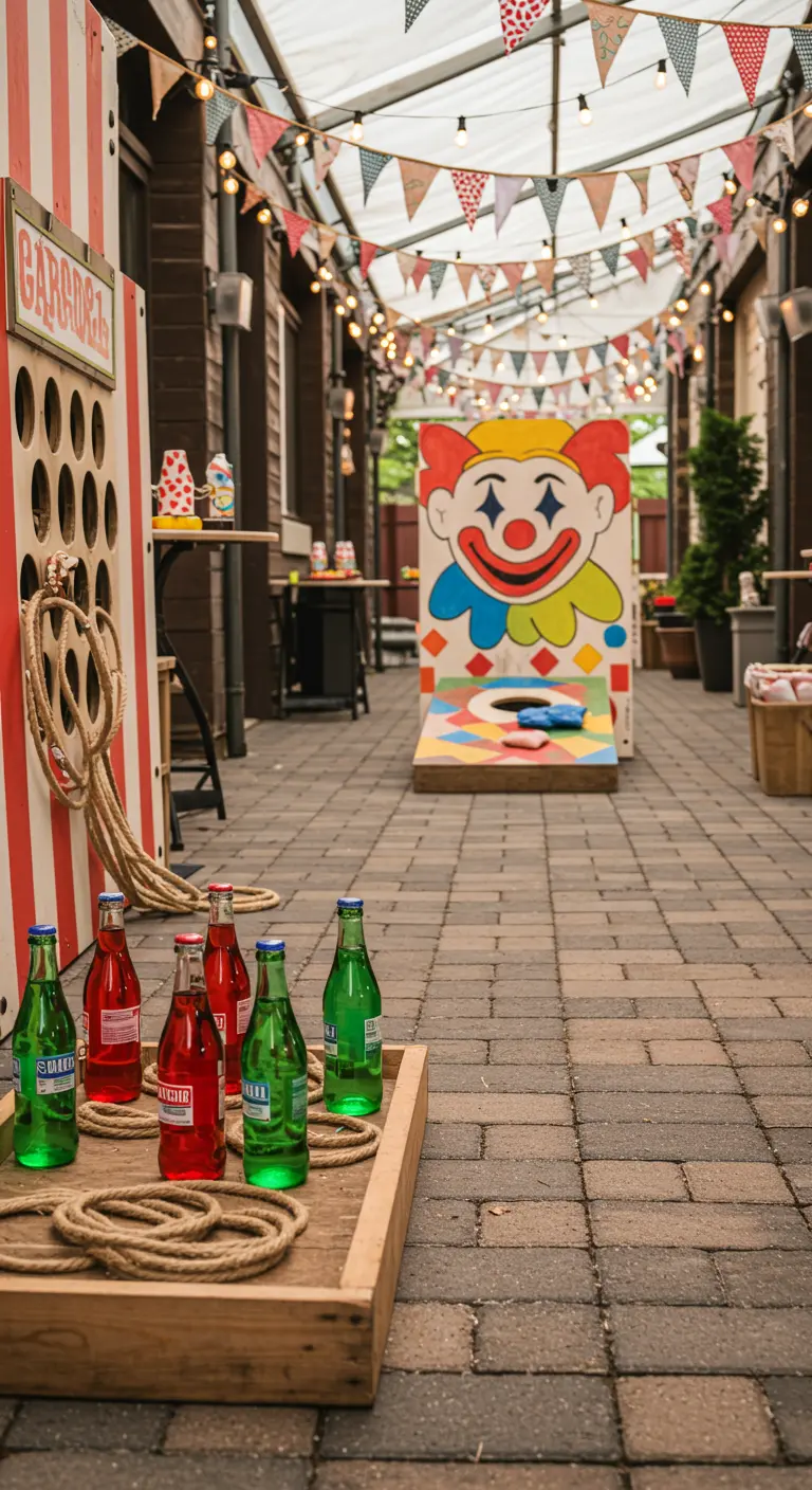 Outdoor alley with DIY carnival games like ring toss and a clown-themed cornhole board.