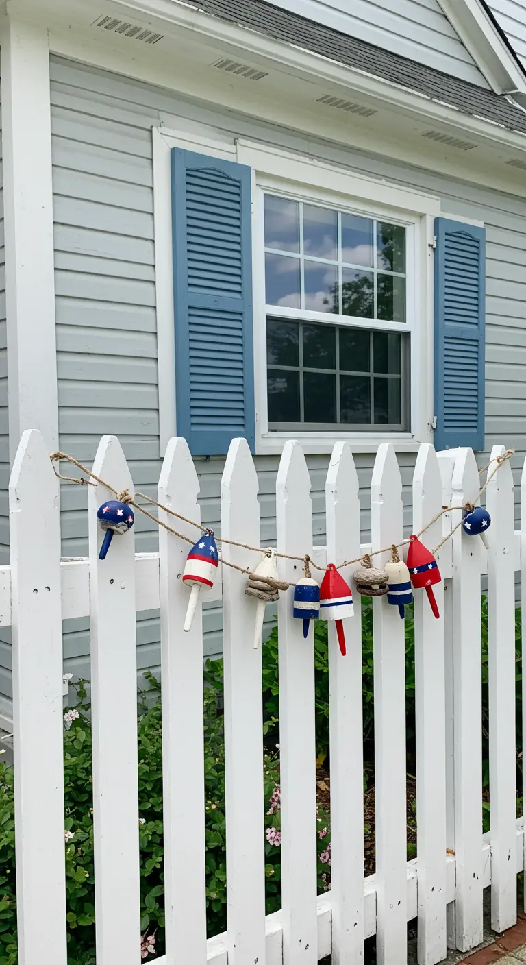A garland made of small, patriotically painted wooden buoys hanging on a white picket fence.
