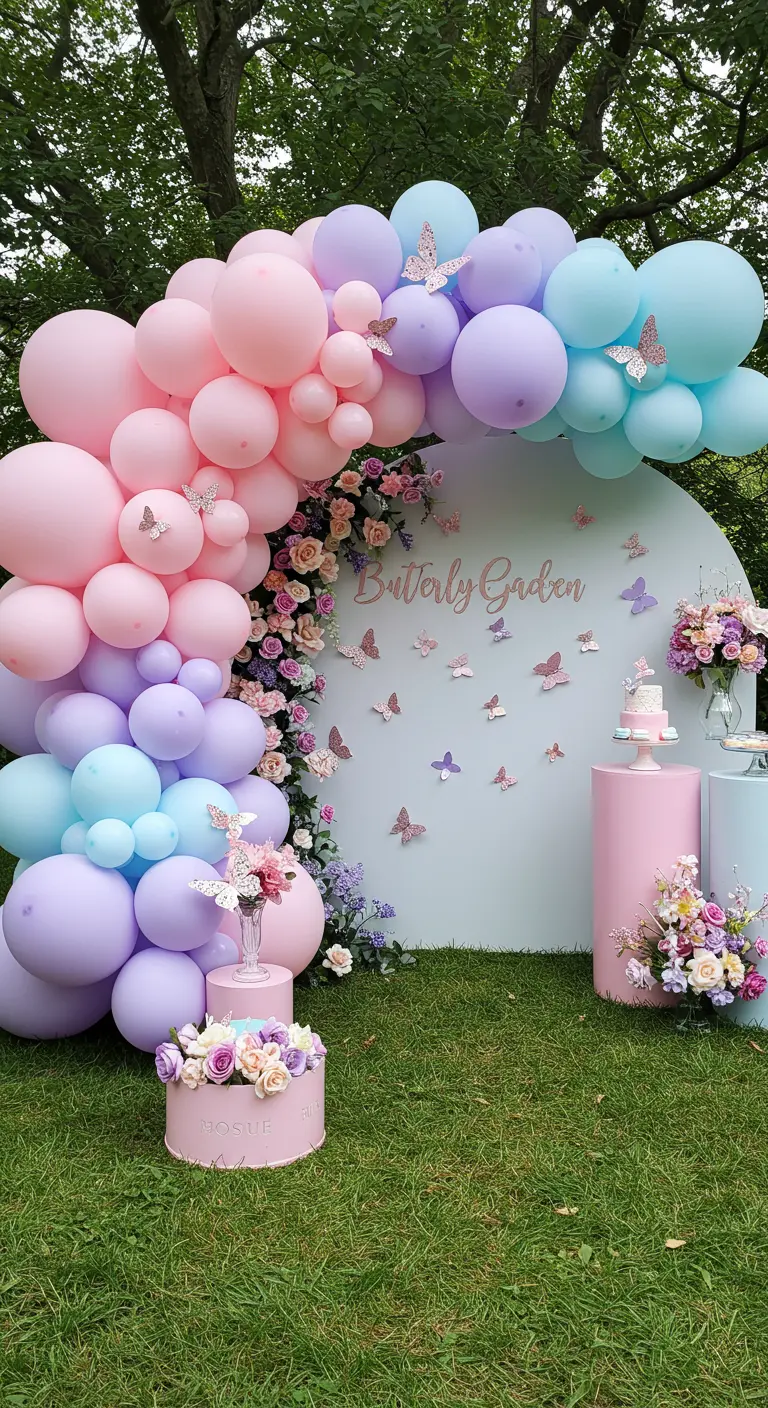 A pastel balloon arch decorated with paper butterflies for a garden party.