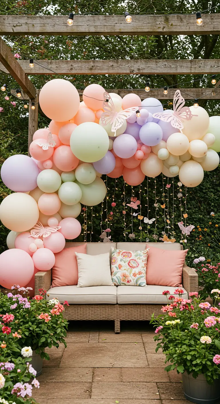 A pastel balloon arch decorated with paper butterflies hangs over a wicker sofa in a lush garden.
