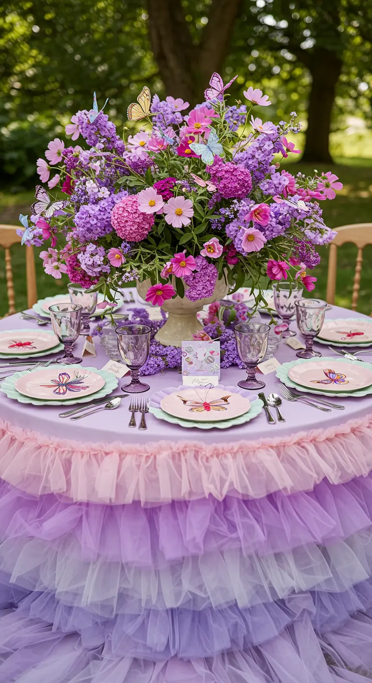 Whimsical table with a layered purple tulle tablecloth and butterfly-themed plates and flowers.
