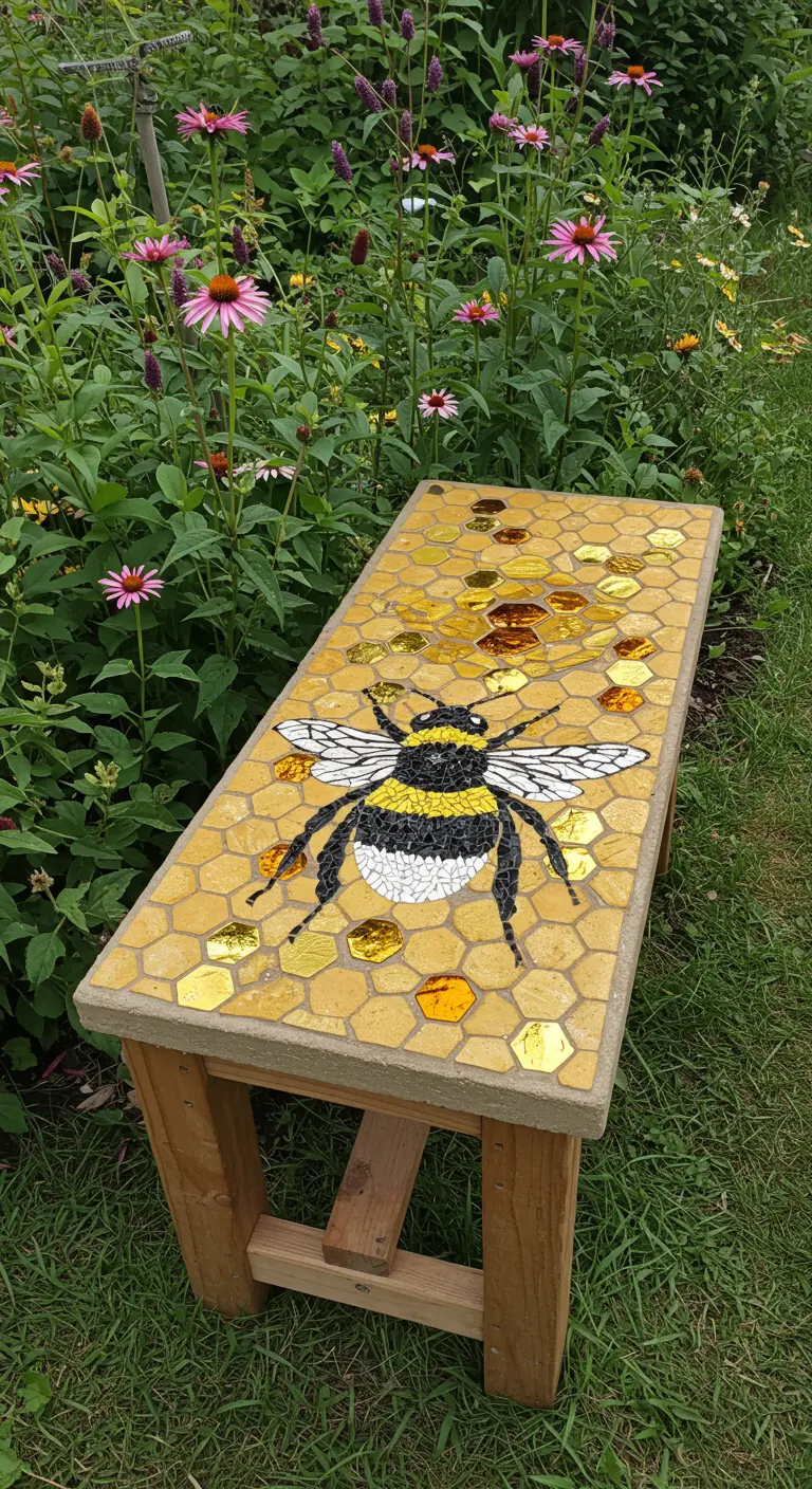 A concrete and wood bench with a golden honeycomb mosaic featuring a large bumblebee.