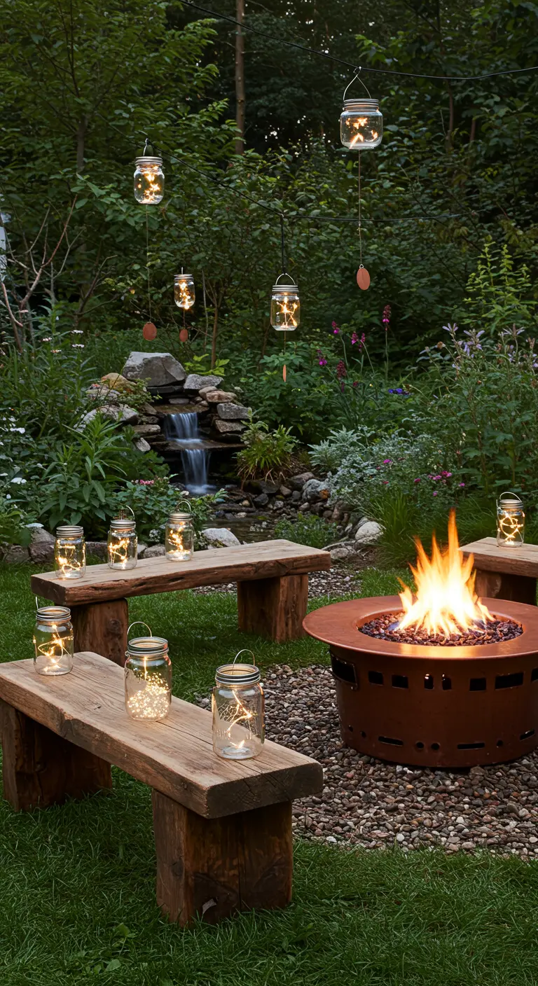 A fire pit and benches in a lush garden next to a small, cascading waterfall.