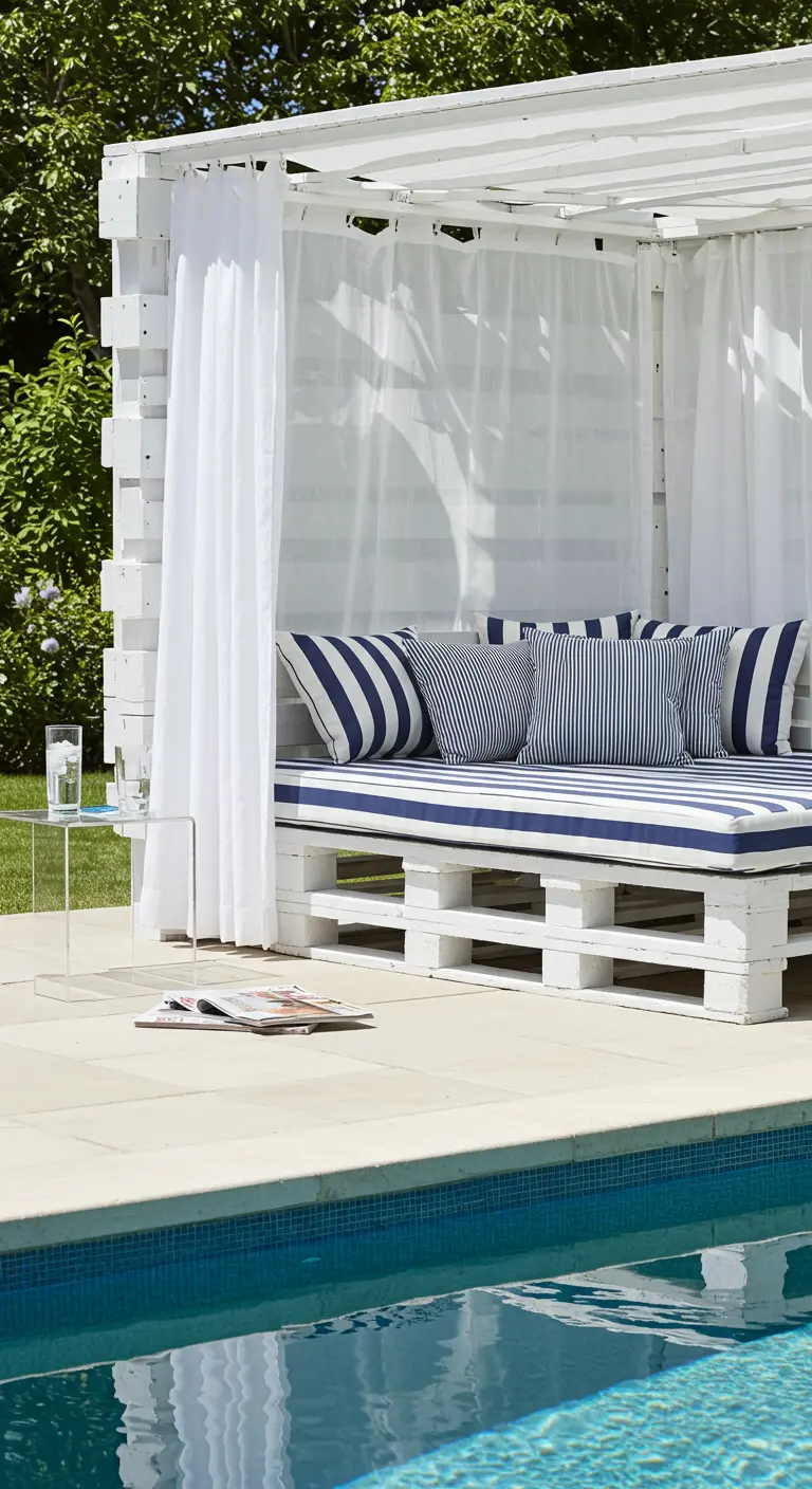 White pallet daybed by a pool with navy and white striped cushions.