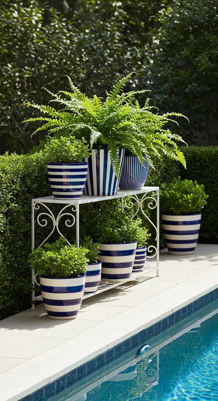 Navy and white striped planters with green ferns by a swimming pool.