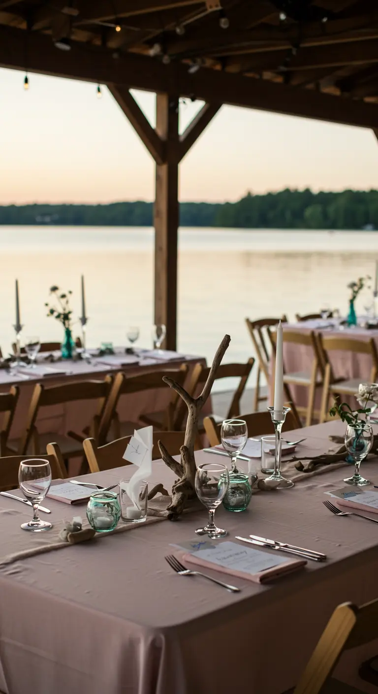 A lakeside wedding table with a blush tablecloth and a driftwood centerpiece.