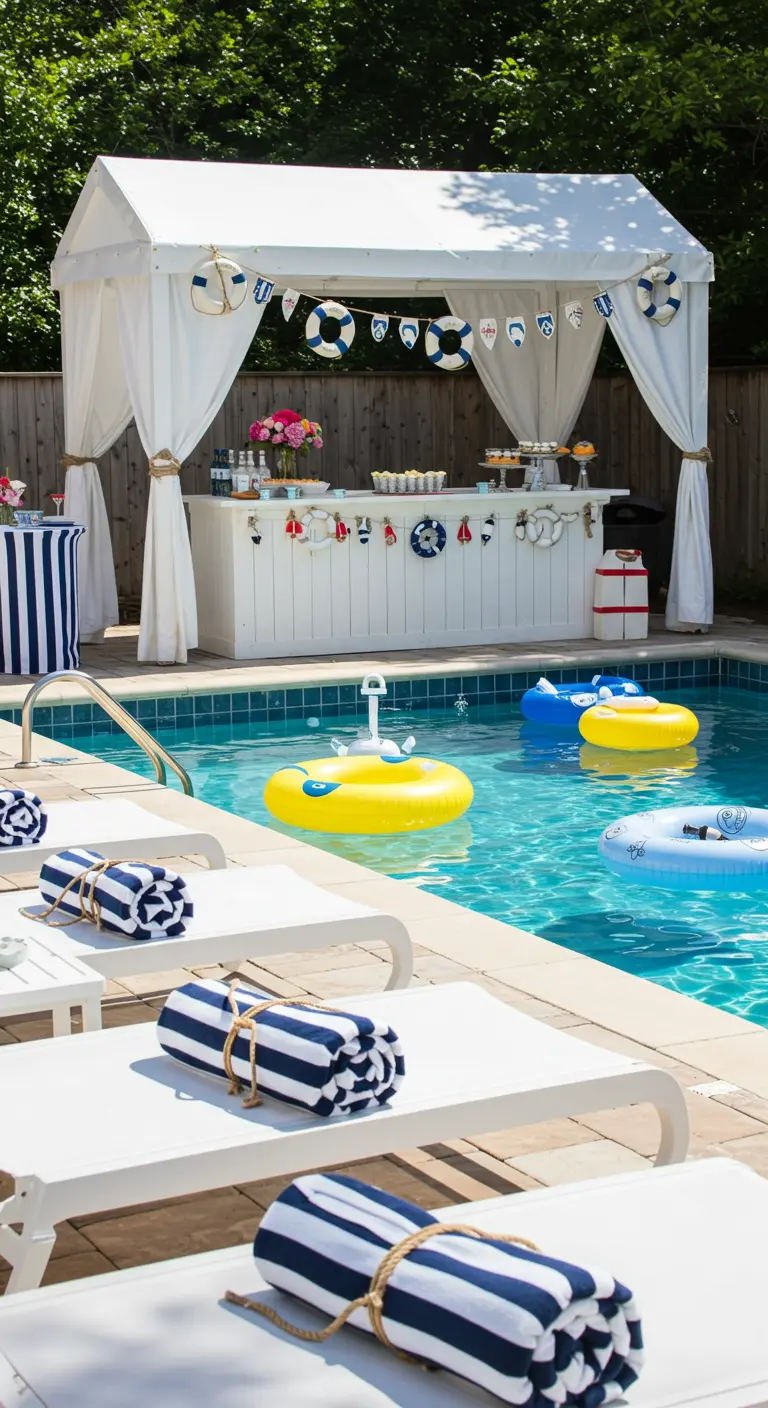 Poolside party with a white cabana bar, striped towels, and nautical decor.