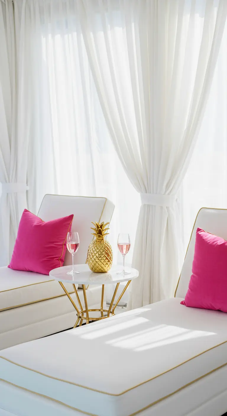 White loungers with bright pink velvet pillows and a gold pineapple on a marble side table.