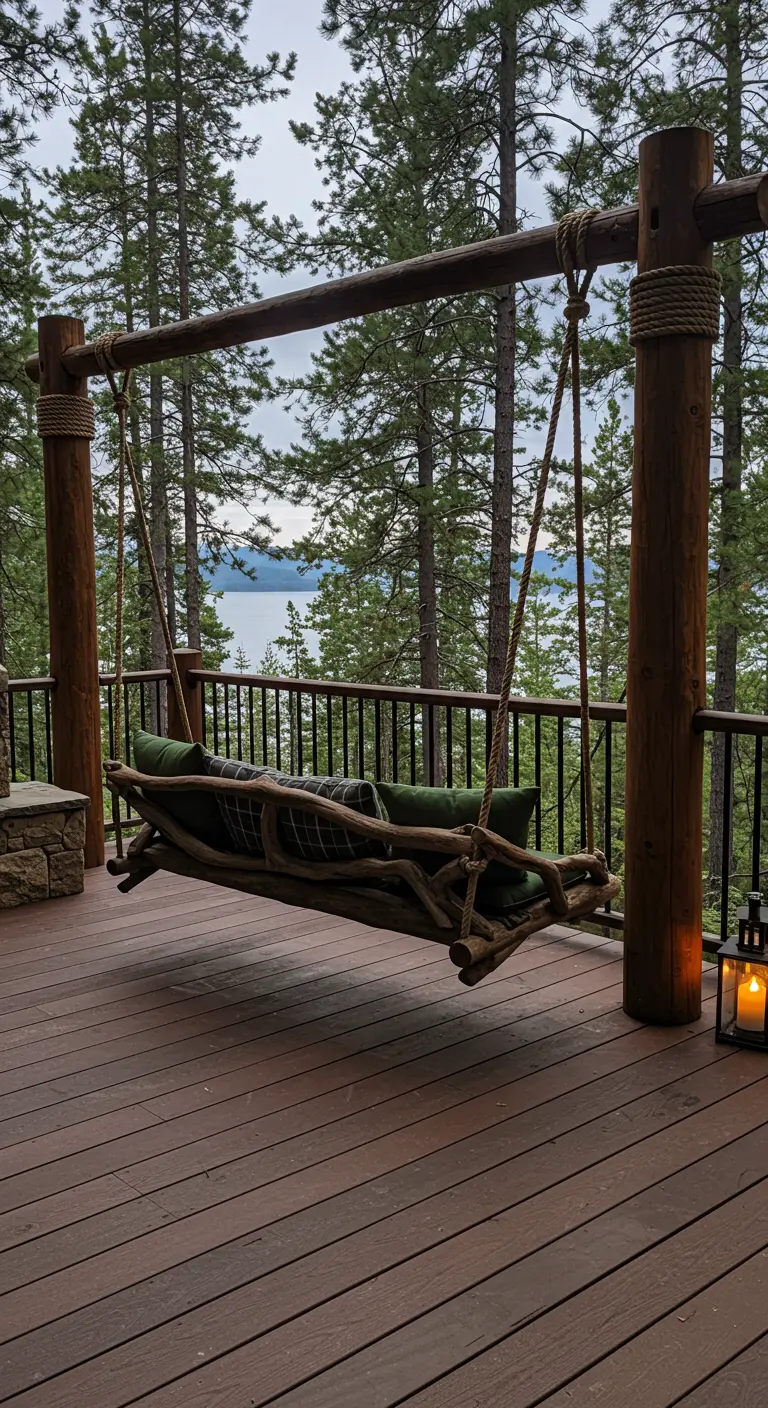 Driftwood swing bench with green cushions and a plaid throw on a cabin deck overlooking a lake.