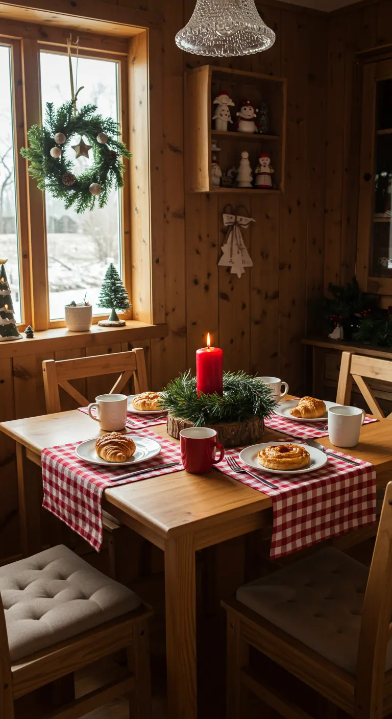 Cozy wood breakfast nook with a gingham runner, small evergreen wreath centerpiece, and red candle.
