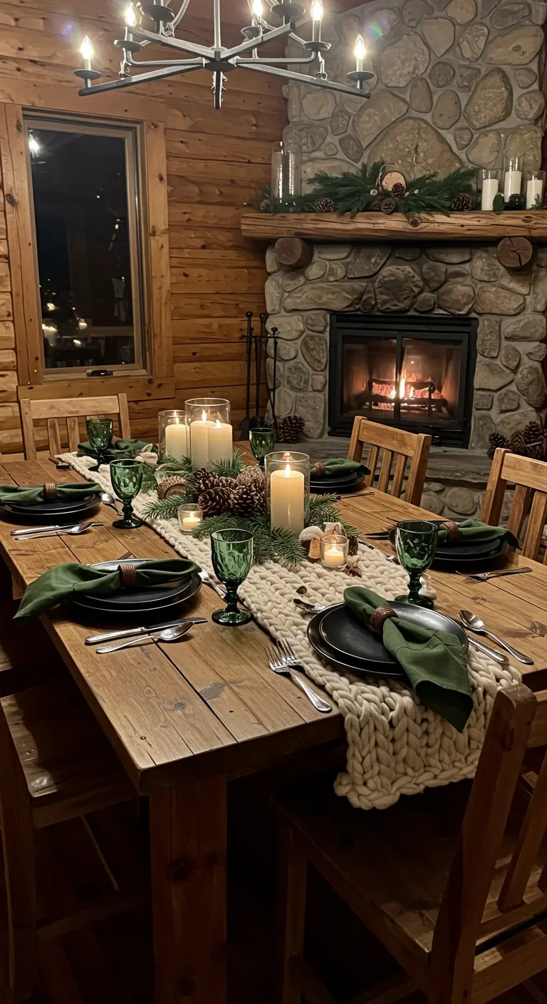 Cozy log cabin dining table with a chunky knit runner and candles.