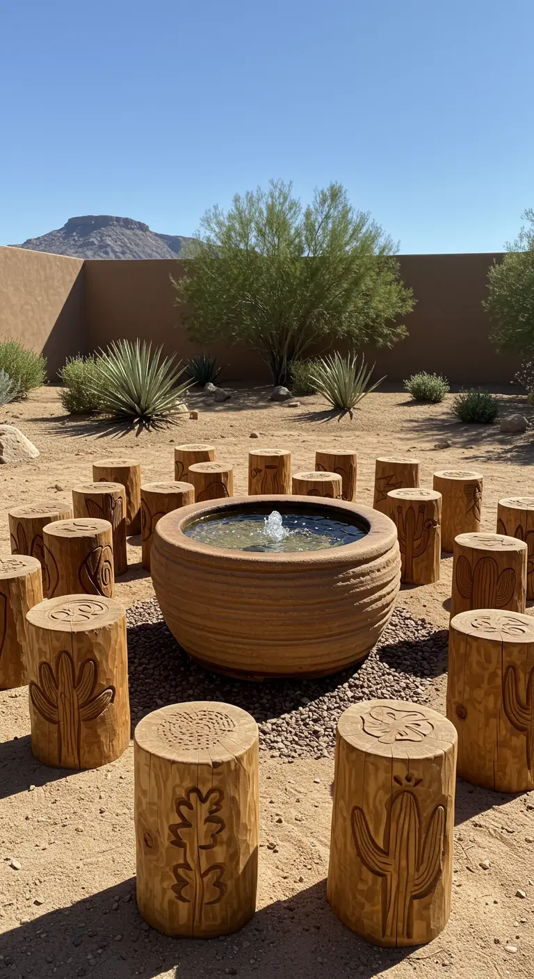 Log stools with cactus carvings circle a terracotta bowl fountain in a sunny desert landscape.