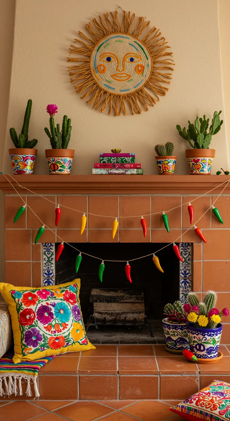 Festive mantel with a chili pepper garland, colorful cacti, and a woven sun artwork.