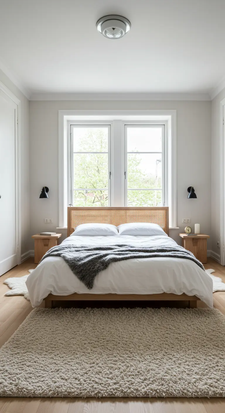 Symmetrical bedroom with a cane headboard and a large shag rug.