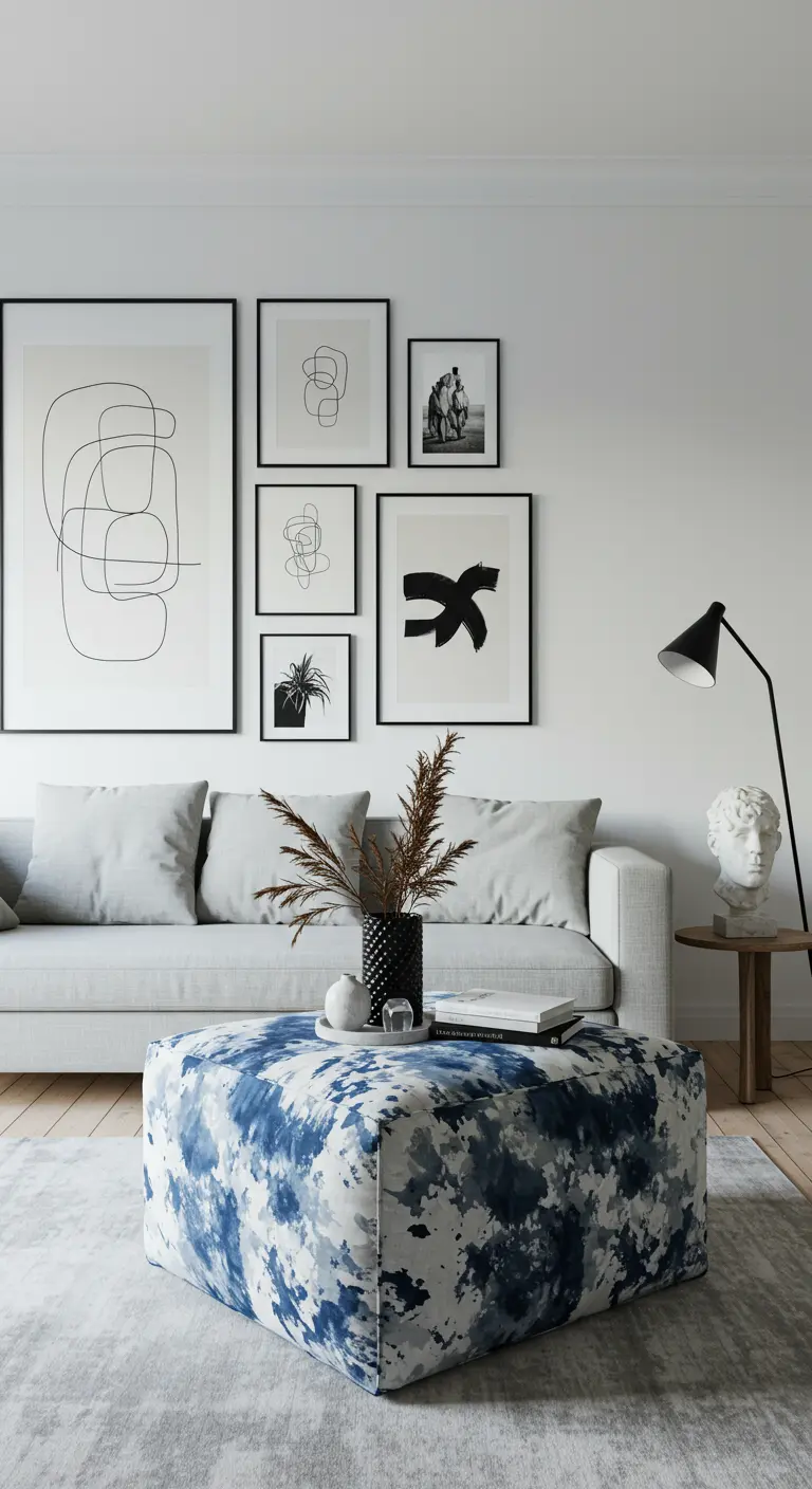 Minimalist living room with line art in black frames and a blue and white patterned ottoman.
