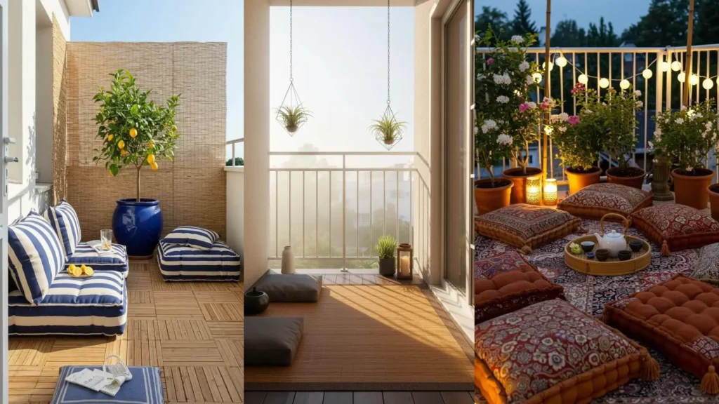 Calming balcony oasis for renters featuring bamboo decor, comfy floor cushions, and vibrant potted green plants.