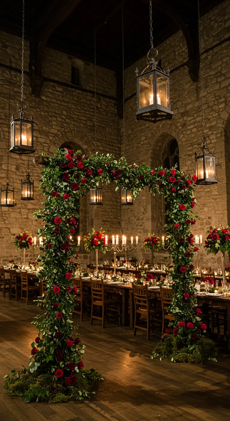 A wedding arch of red roses and ivy in a stone castle hall with hanging iron lanterns.