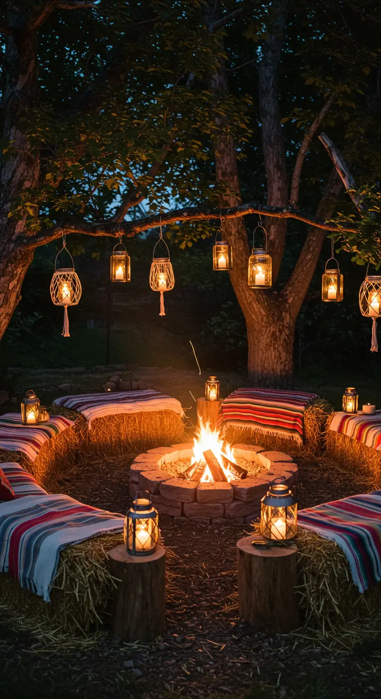 A cozy campfire scene with hay bale seats covered in colorful blankets and lanterns hanging from trees.