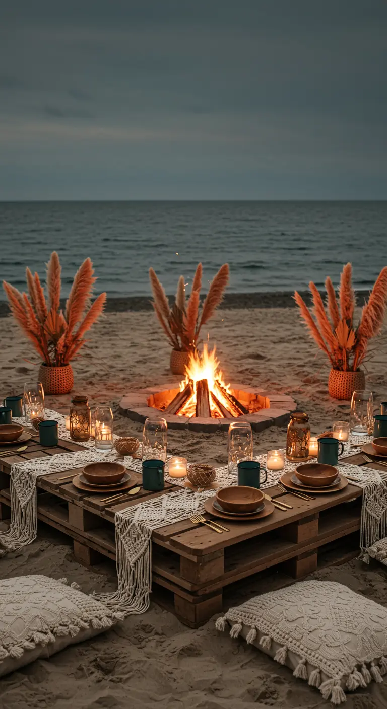 Beach bonfire party with pallet tables, macramé runners, and a central fire pit.