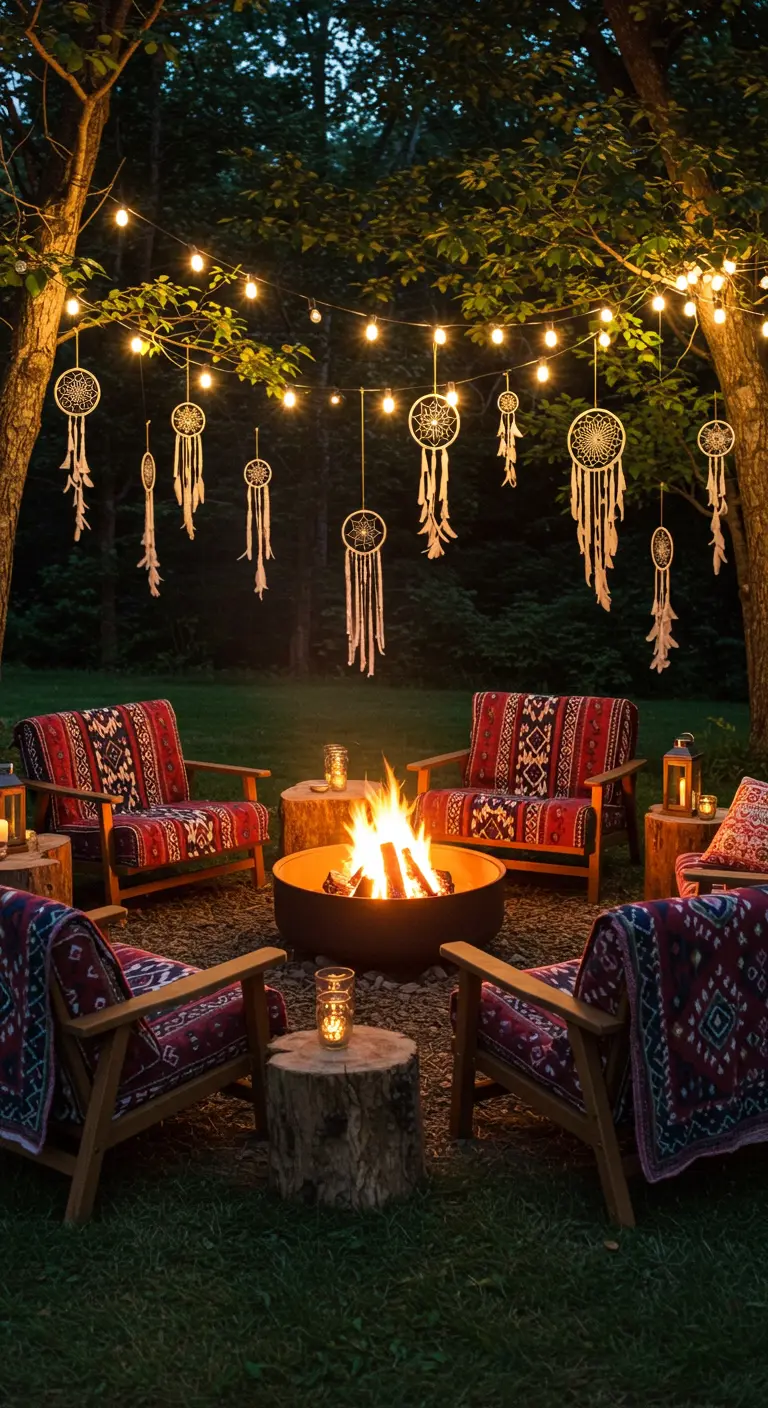 A cozy fire pit area at night with patterned chairs and dreamcatchers hanging from string lights.