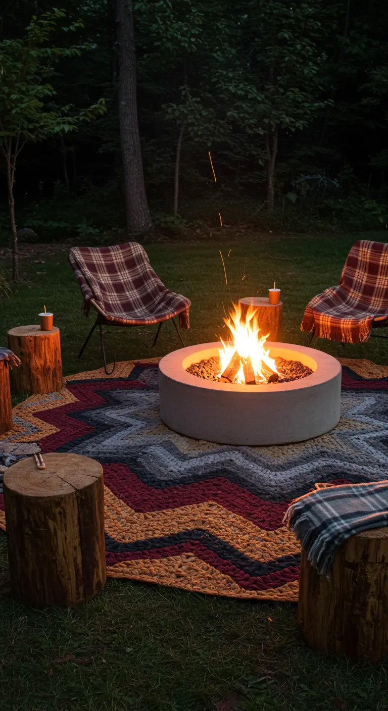 A large, dark-toned chevron rug surrounding a modern fire pit with chairs and log seats.