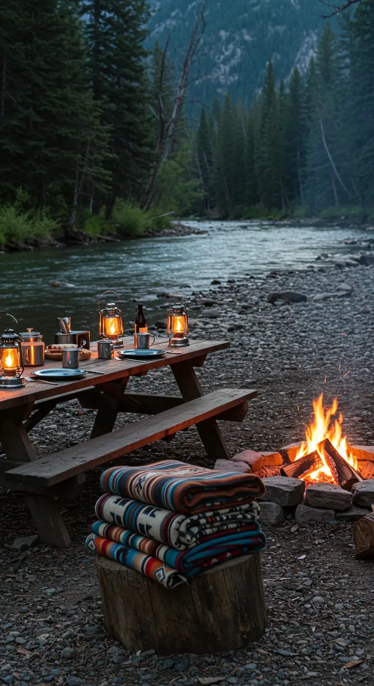 A picnic table and campfire by a river, with stacked colorful blankets on a tree stump.