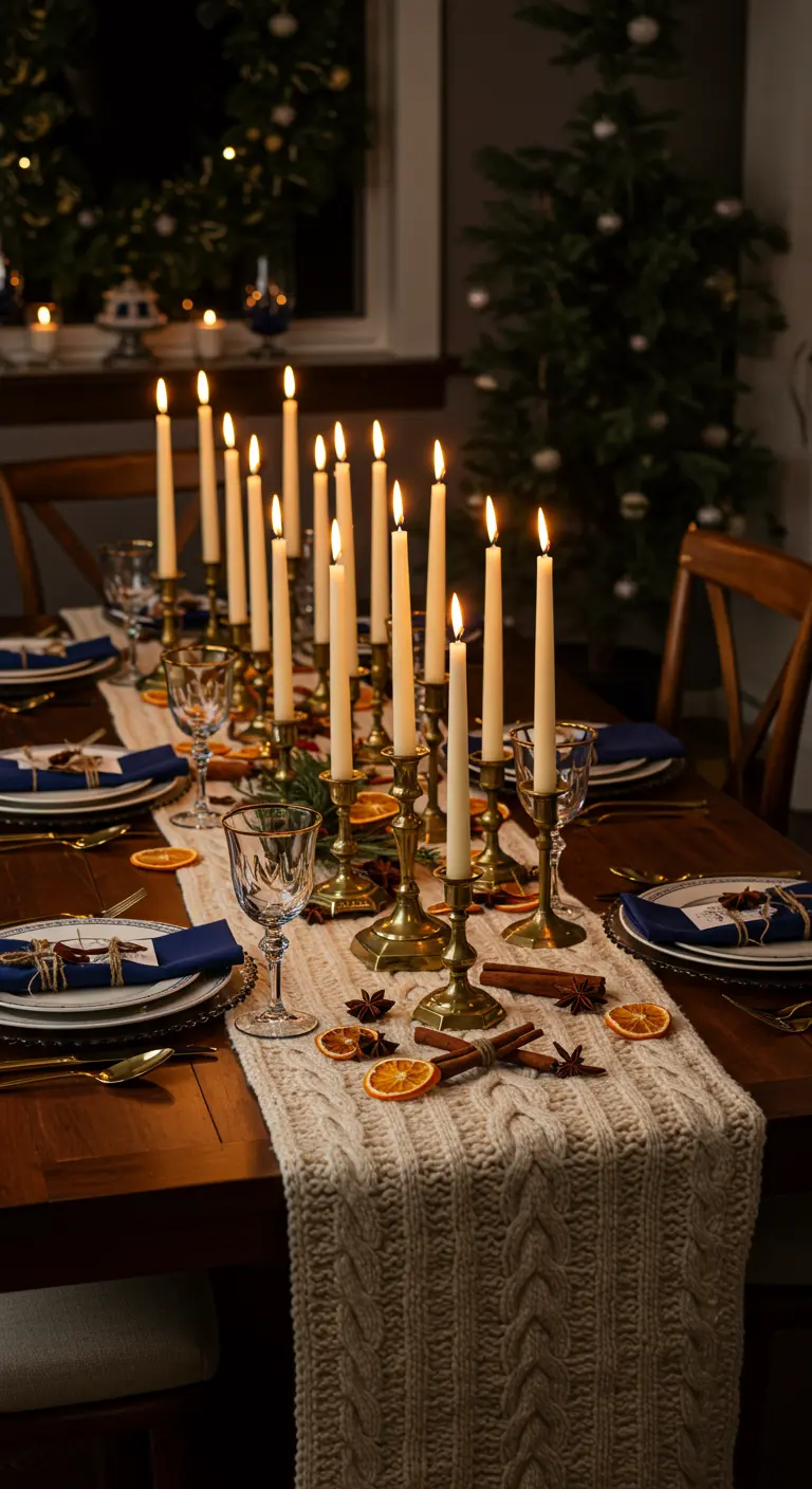 Table with a cream cable-knit runner, brass candlesticks, and dried orange slices.