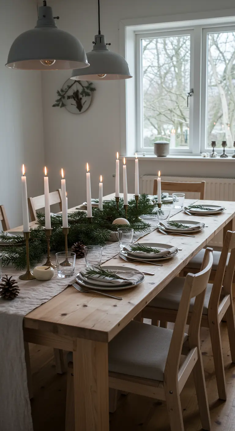 Scandinavian dining table with a long evergreen centerpiece and white taper candles.