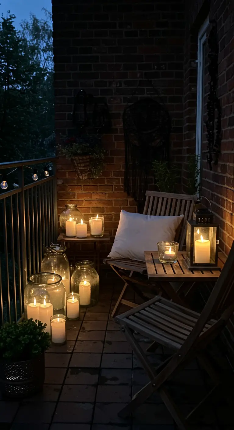 A dark brick balcony illuminated by numerous candles in glass jars and a lantern.