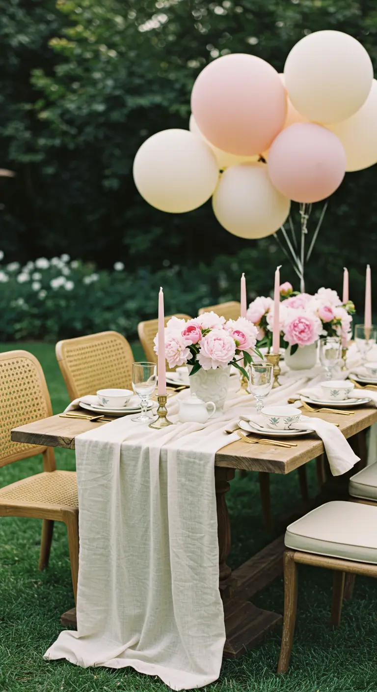 Rustic wooden table with tall pink candles and peony centerpieces.