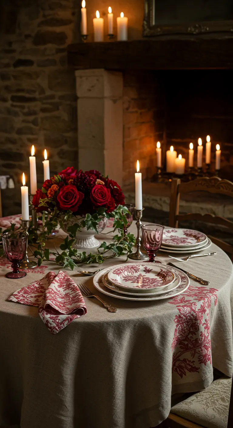 Candlelit table with red roses, red toile napkins, and a stone fireplace.
