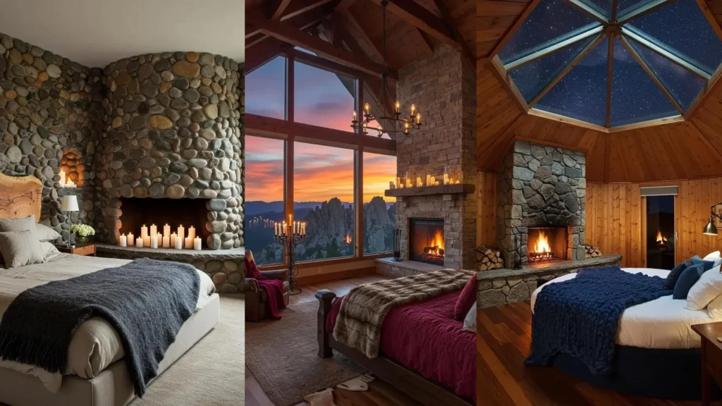 Rustic cabin bedrooms with stone fireplaces, candles, and woolen throws create cozy, candlelit retreats.