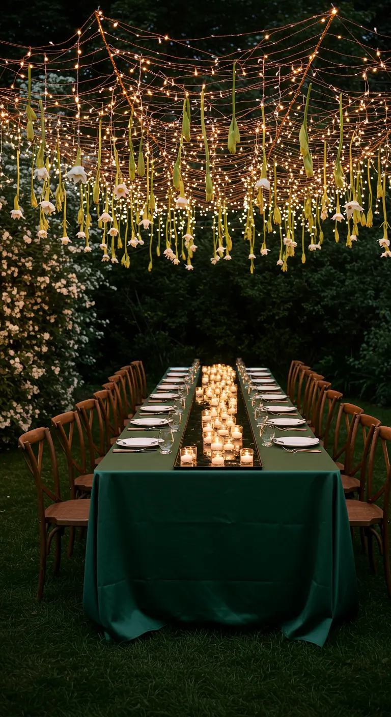 Long table under a dense canopy of fairy lights and hanging flowers.