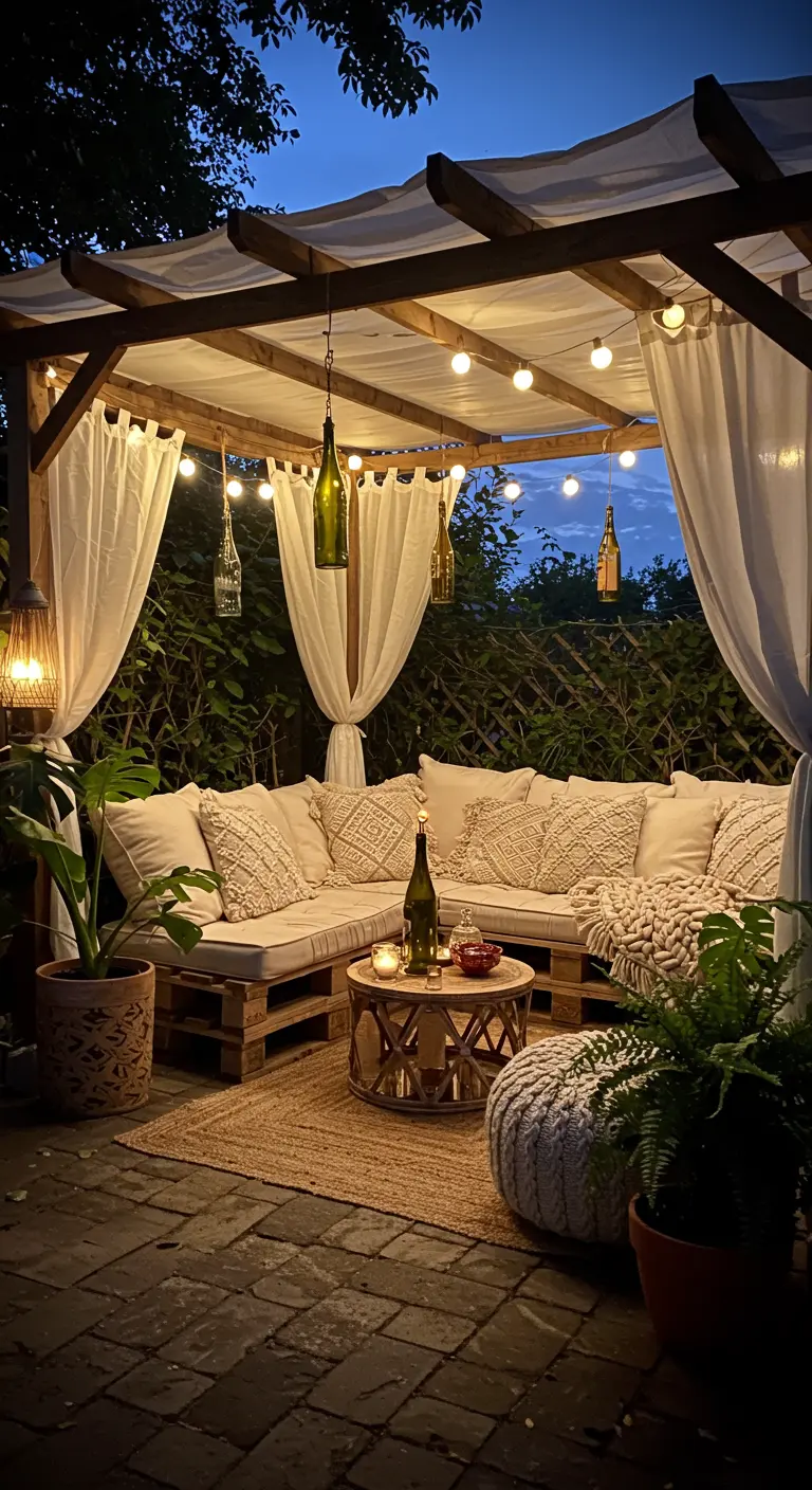 A cozy pallet wood sofa under a pergola lit by hanging bottle torches and string lights.