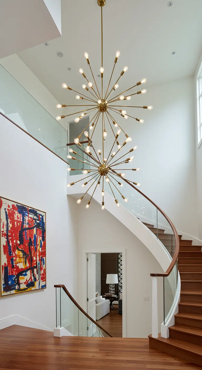 Grand staircase with a glass railing and two large, tiered sputnik chandeliers.