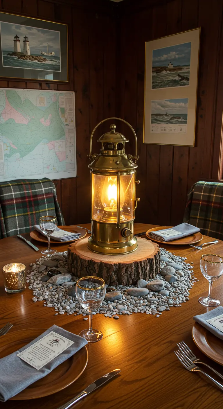 Nautical table centerpiece with a brass lantern on a wood slice, surrounded by pebbles.