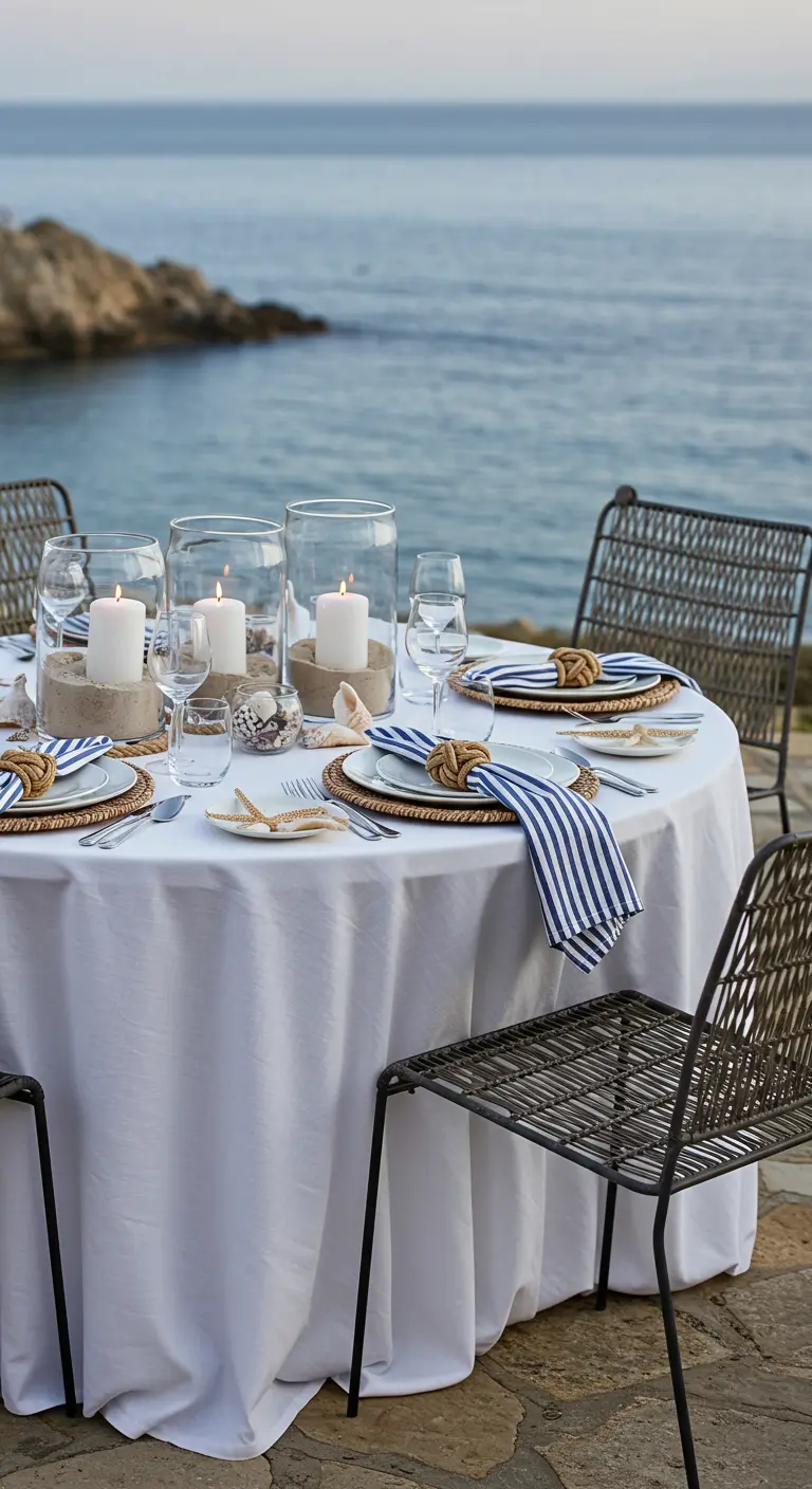 Elegant seaside dining table with white tablecloth, sand-filled candle holders, and striped napkins.