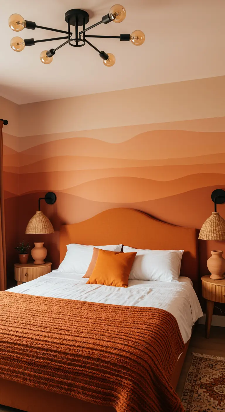 Bedroom with an orange ombre sunset wall, terracotta bed, and woven details.