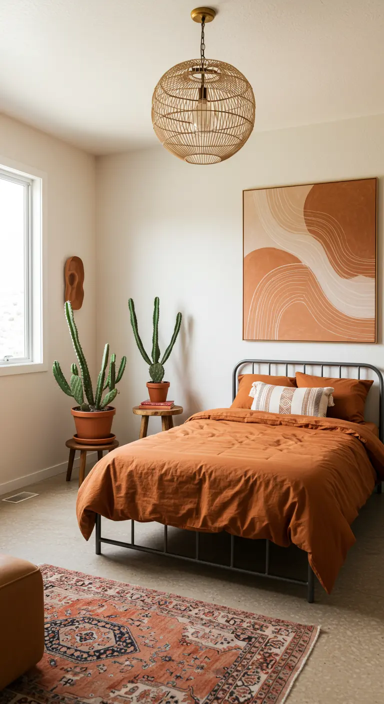 A bedroom with terracotta-colored bedding, a metal frame bed, and several cacti.
