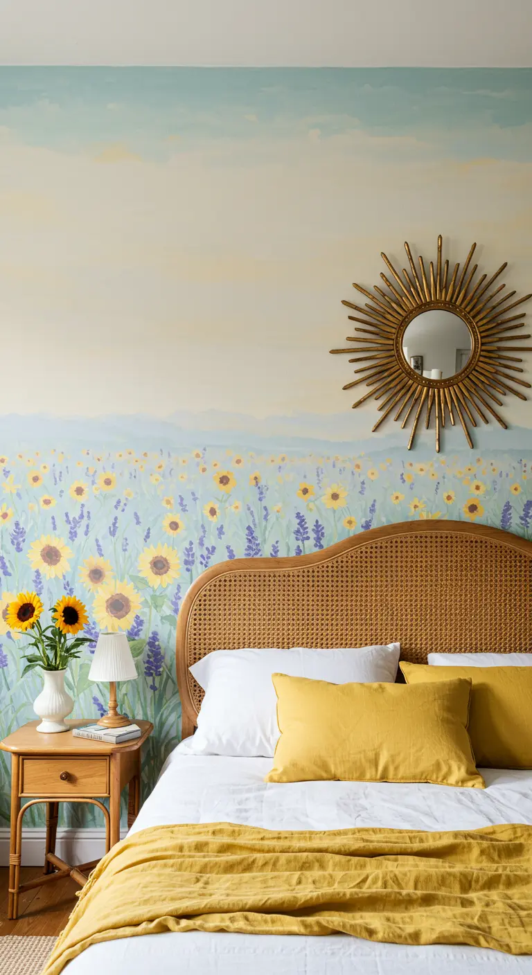 Bedroom with a sunflower field wall mural, a rattan headboard, and a gold sunburst mirror.