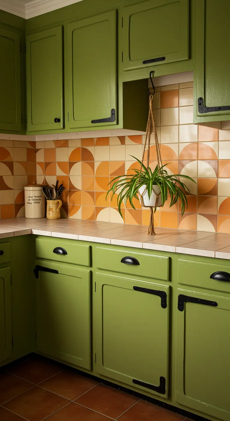 Retro kitchen with olive green cabinets and an orange geometric tile backsplash.