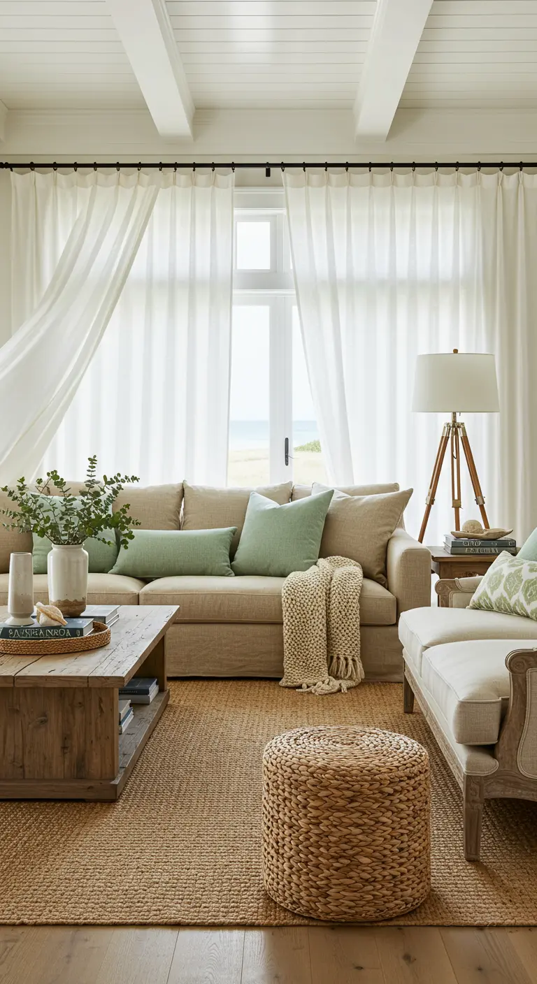 Coastal living room with a neutral sofa, jute rug, and sheer white curtains.
