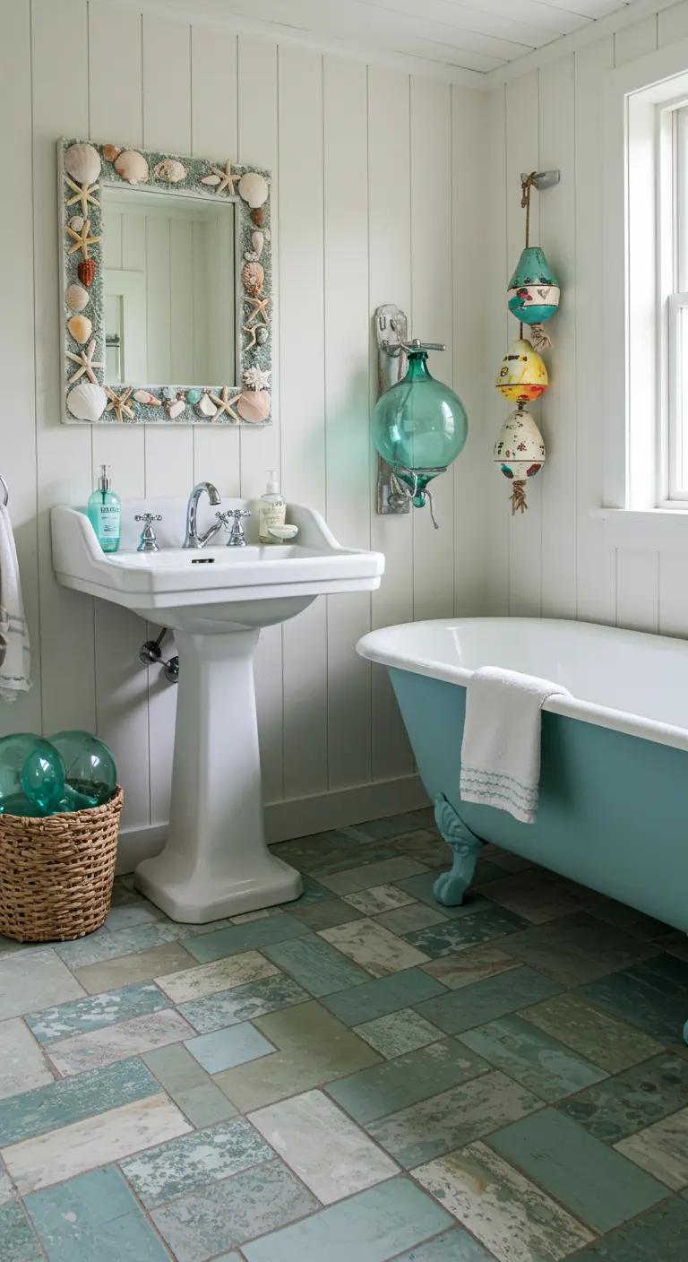 Coastal bathroom with seafoam green tiles, a seashell mirror, and a pale blue clawfoot tub.