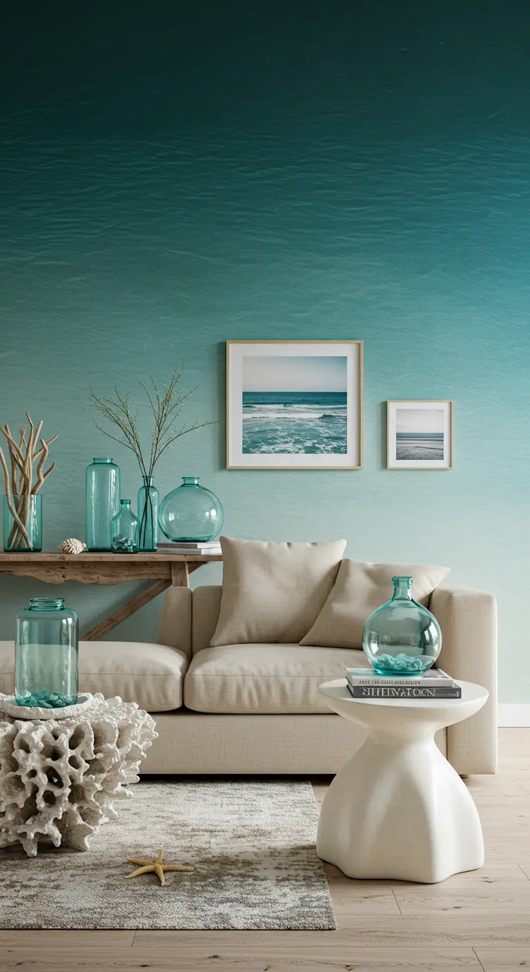 Beige sofa in a room with a seafoam green ombre wall and coastal decor.