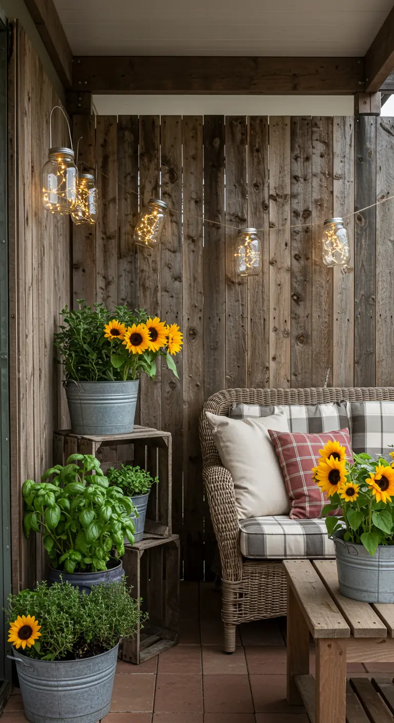 A rustic balcony with fairy lights in Mason jars and sunflowers in galvanized buckets.