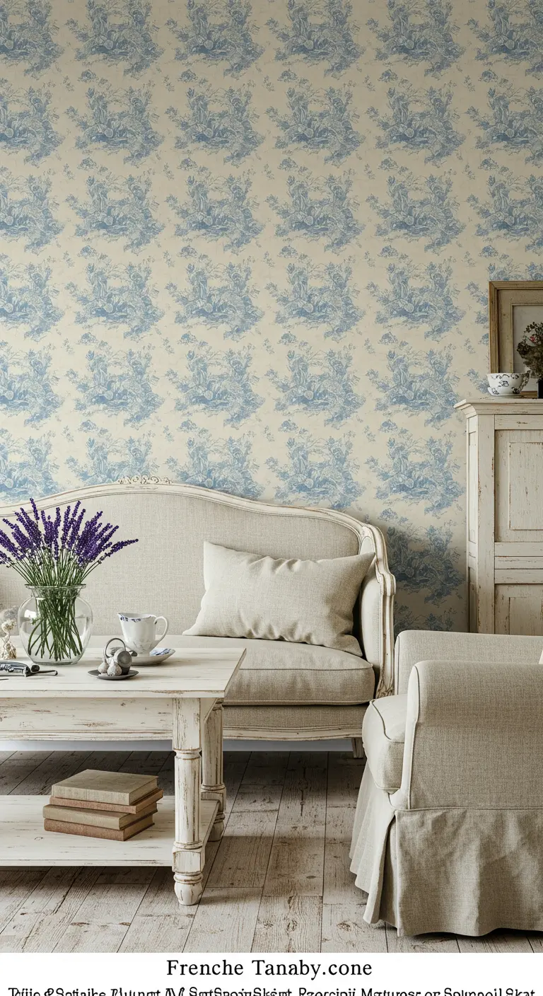 French country living room with blue and white toile wallpaper and distressed white furniture.